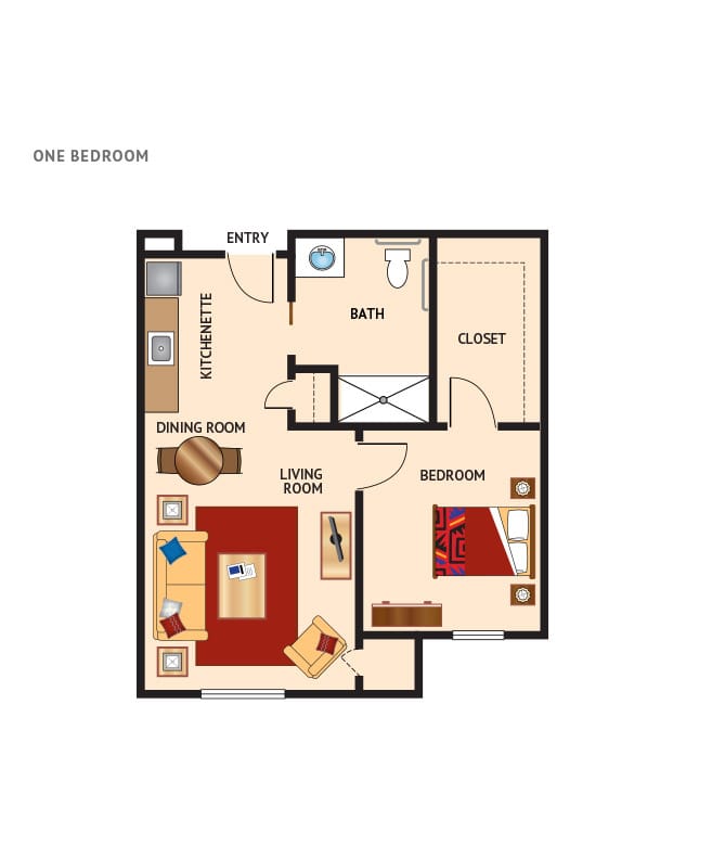 Independent living 1 bedroom floor plan for White Cliffs Senior Living.
